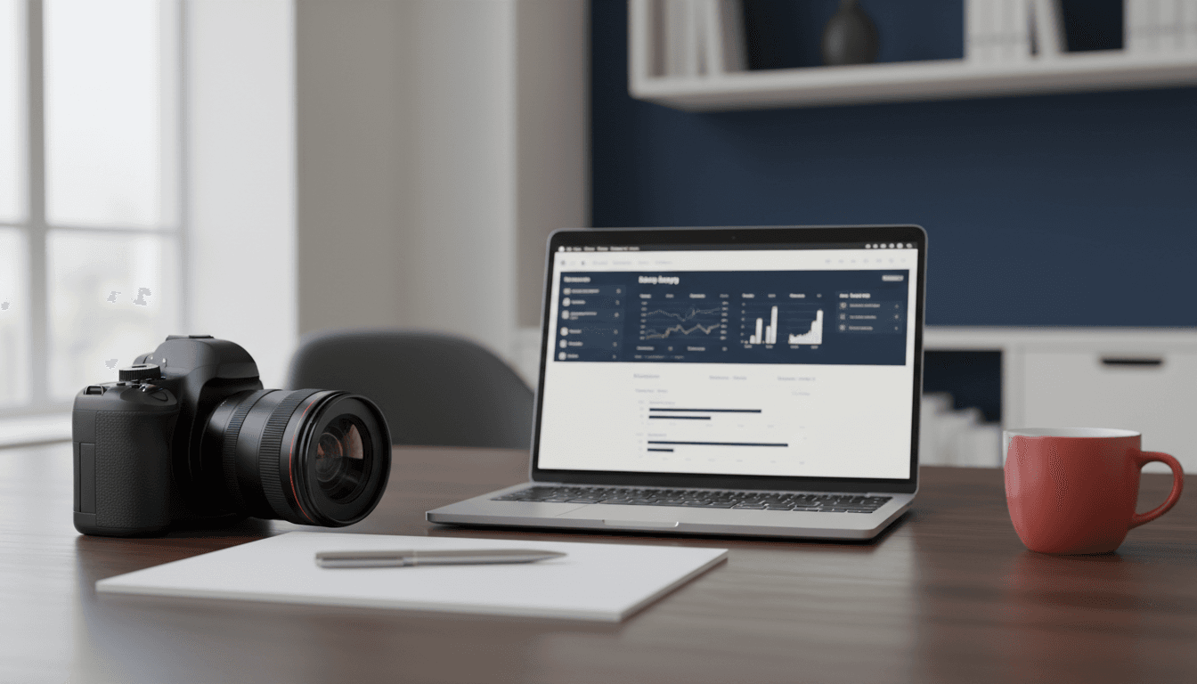 Professional desk setup with camera and laptop on clean wooden surface
