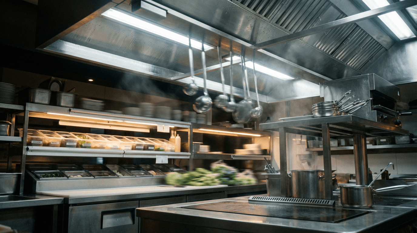 Hands adjusting a camera lens on a tripod in a commercial kitchen