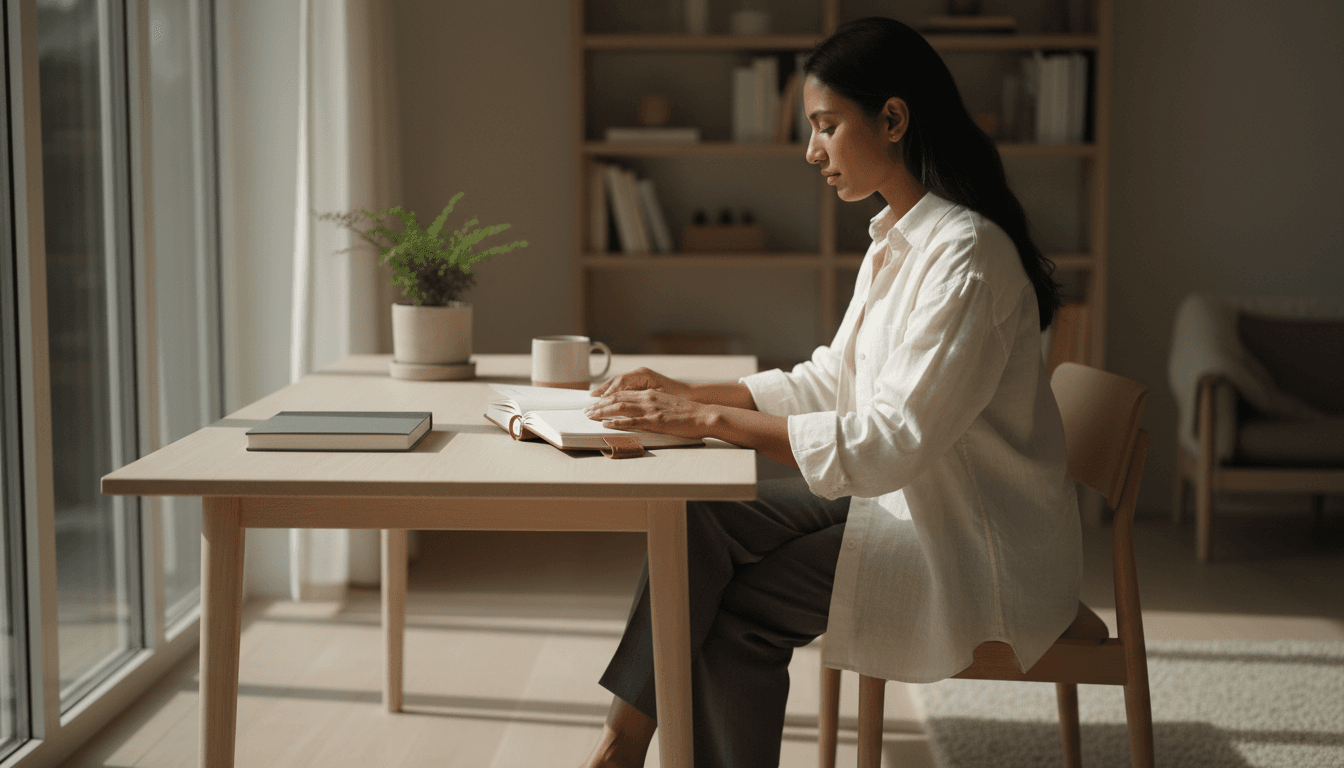 Camera lens on wooden desk with notebook and soft morning light