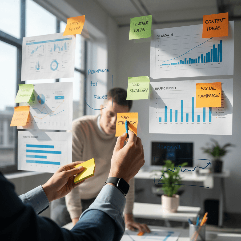 Whiteboard with marketing strategy notes in a modern office