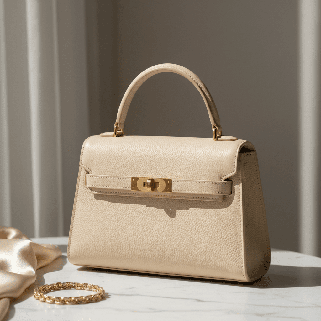 Professional product photography of a leather handbag on a white desk