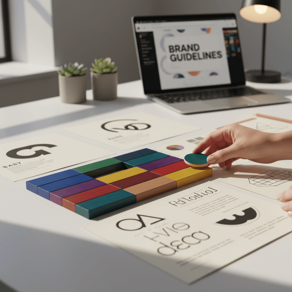 Brand strategy documents and mood boards on a wooden table
